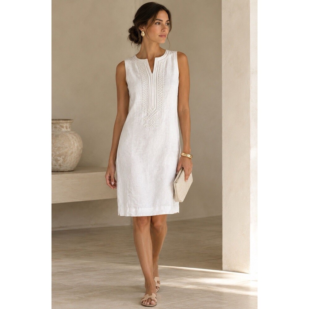 Michael Kors 100% Linen Embroidered White Lined Sleeveless Women’s Dress Size 10